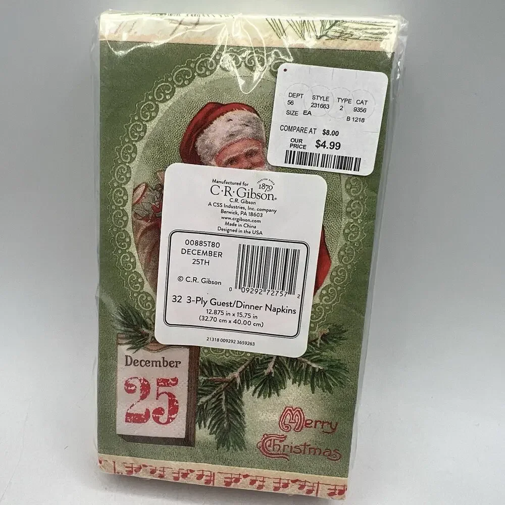32 Gibson Old World Santa December 25 Christmas Napkins Green Red NEW